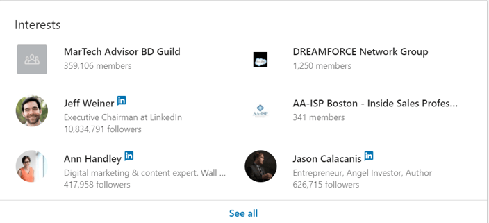 Interests section on LinkedIn