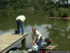 GIF of a man missing a boat and falling into water